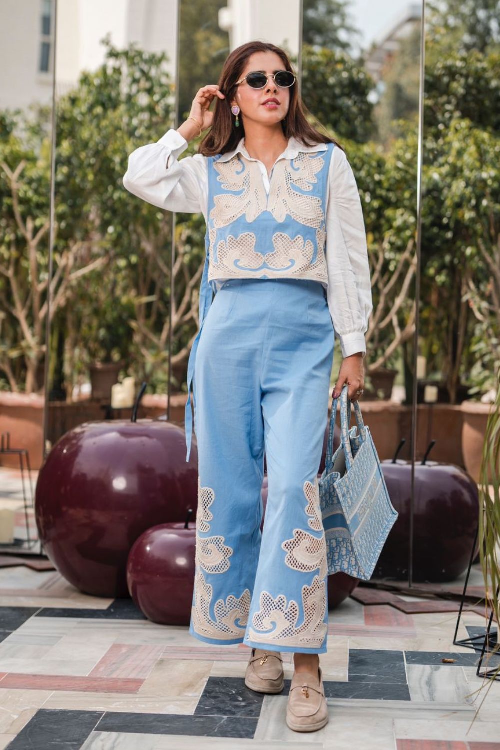 BOHO-CHIC - Coord Sets - Coord Sets - Pastel Hue Cutwork Embroidered Coord Set - Powder Blue - Unique and exquisite cutwork embroidered coord set, fashion forward and exquisitely crafted cutwork embroidered overhaul with button-down shirt and cutwork embroidered pants, a 3-piece set.