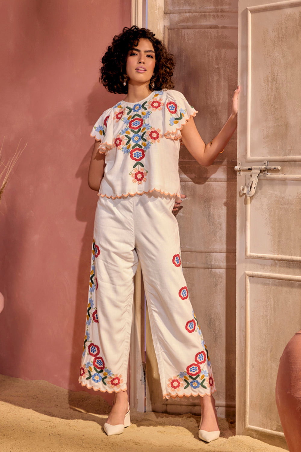 BOHO-CHIC - Coord Sets - Coord Sets - The Capri Coord Set - White - Effortless fit and uber-classy, the multi-colored embroidery and embroidered scallop detail make this garment extraordinary and the go-to silhouette for a brunch or a sundowner.