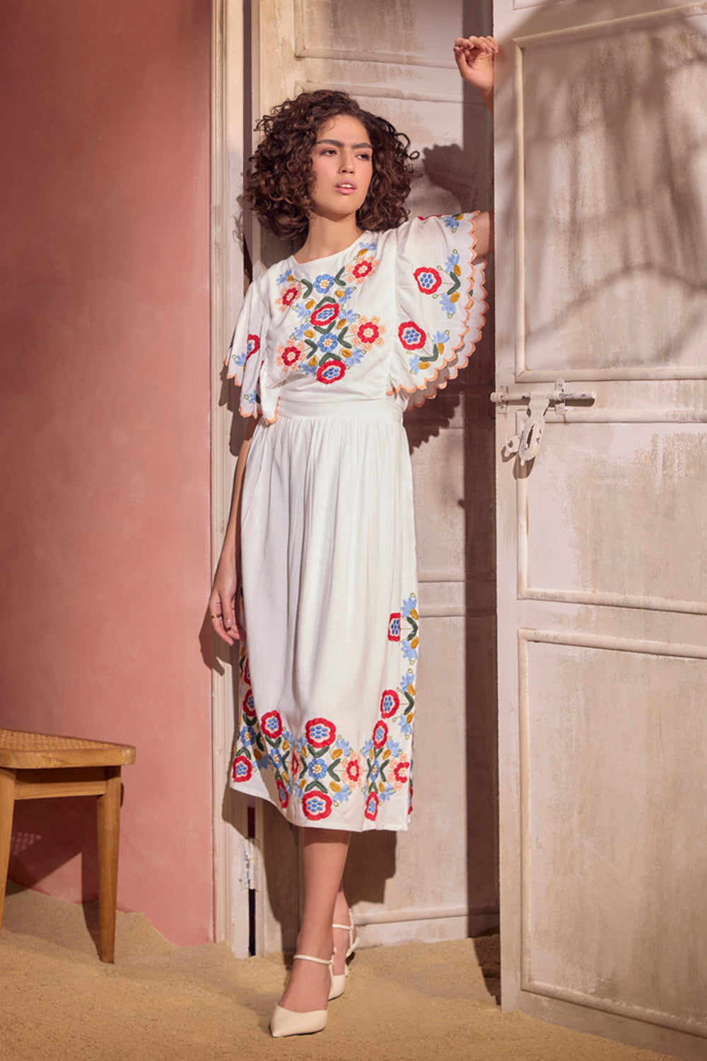 BOHO-CHIC - Dresses - Dresses & Jumpsuits - Capri Midi Dress - White - Effortless fit and uber-classy, the multi-colored embroidery and embroidered scallop detail make this garment extraordinary and the go-to silhouette for a brunch or a sundowner.