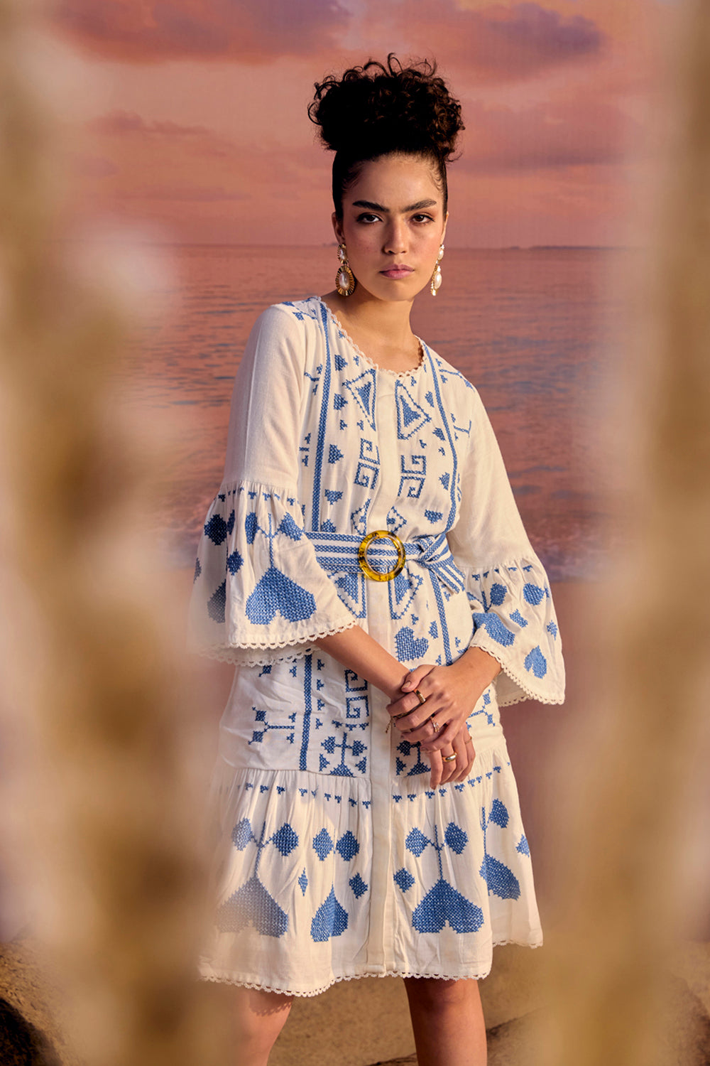 BOHO-CHIC - Dresses - Dresses & Jumpsuits - Cinque Terre Embroidered Dress - All Over Embroidery - Exquisite cross-stitch embroidered dress with bell sleeves, an embroidered belt, and fully embroidered front and back, boasting a flattering fit.