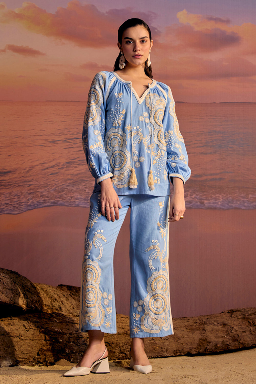 BOHO-CHIC - Coord Sets - Coord Sets - Provance Embroidered Coord Set - Soft Blue - Finely crafted all-over embroidery with lace trimmed details and tassels.