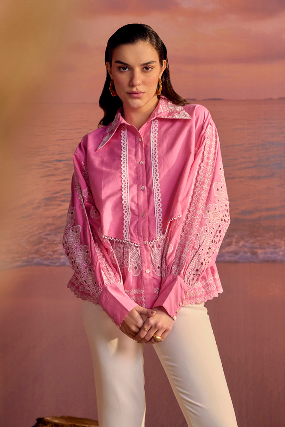 BOHO-CHIC - Shirts - Topwear - The Pink Cosmos Blouse - Beautifully crafted blouse with lace trims and broderie on the sleeves and bottom hem, offering an effortless fit and uber-classy style.