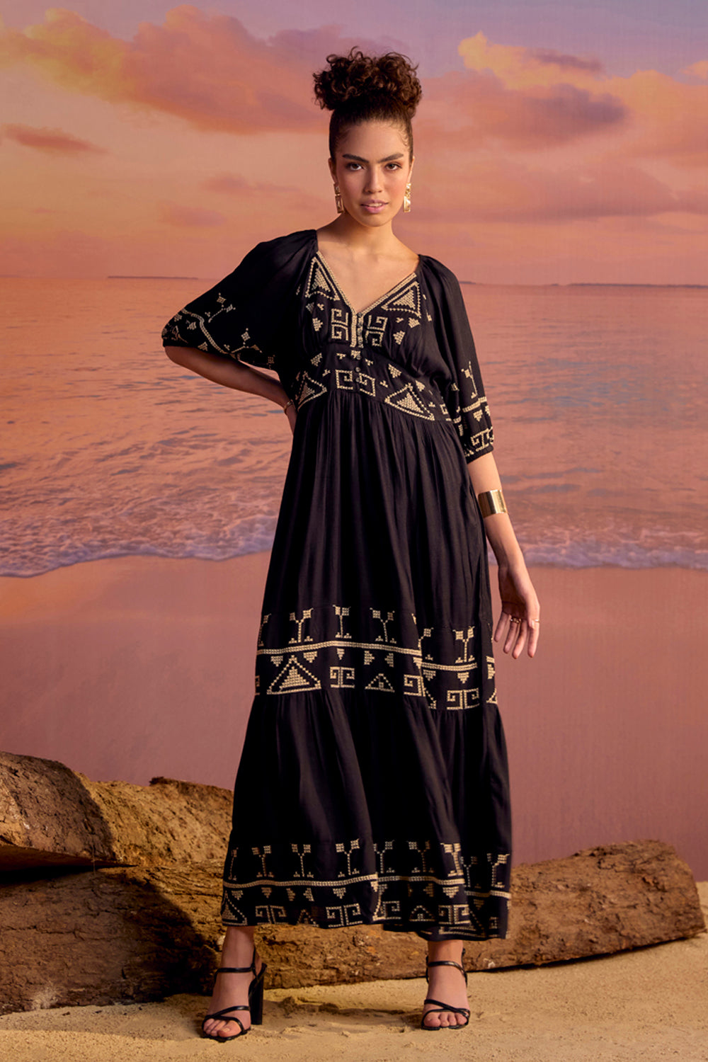 BOHO-CHIC - Dresses - Dresses & Jumpsuits - The Kalie Flowy Maxi Dress - Black/Cream - Embrace a laidback lifestyle with the Kalie flowy cross-stitch embroidered maxi dress, perfect for an evening dinner or a seaside holiday.