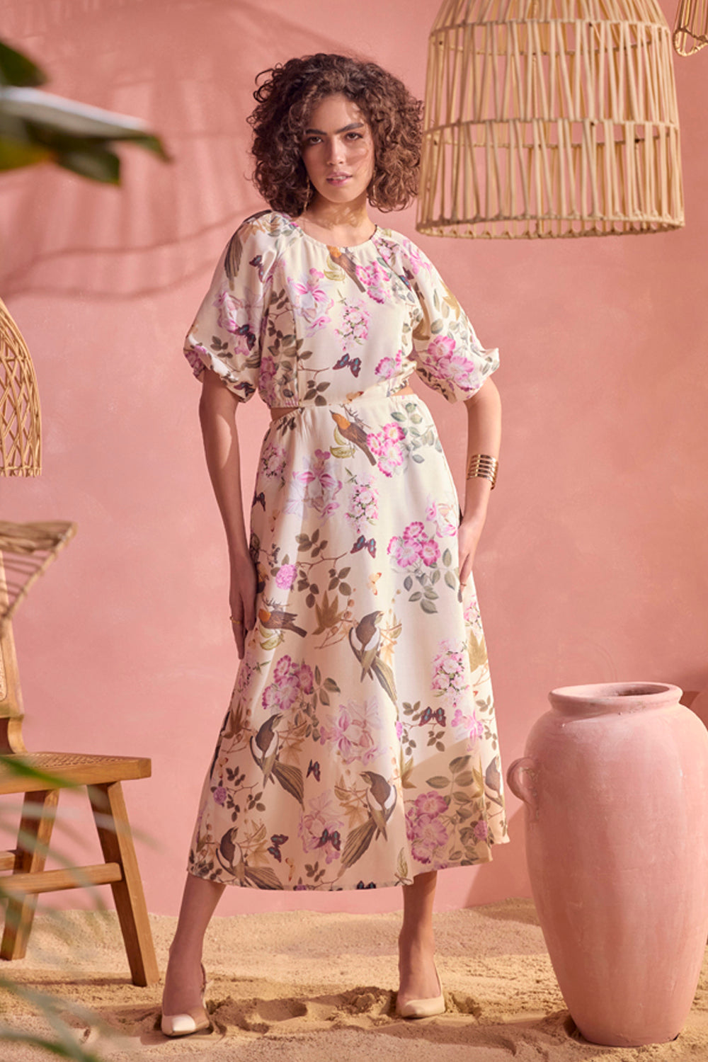 BOHO-CHIC - Dresses - Dresses & Jumpsuits - Dainty Spring Hues Midi Dress - Printed - Easy fit, feminine, and fashion-forward with puff sleeves, cutout detailing at the waistline, an open back, and an invisible zipper at the center back.