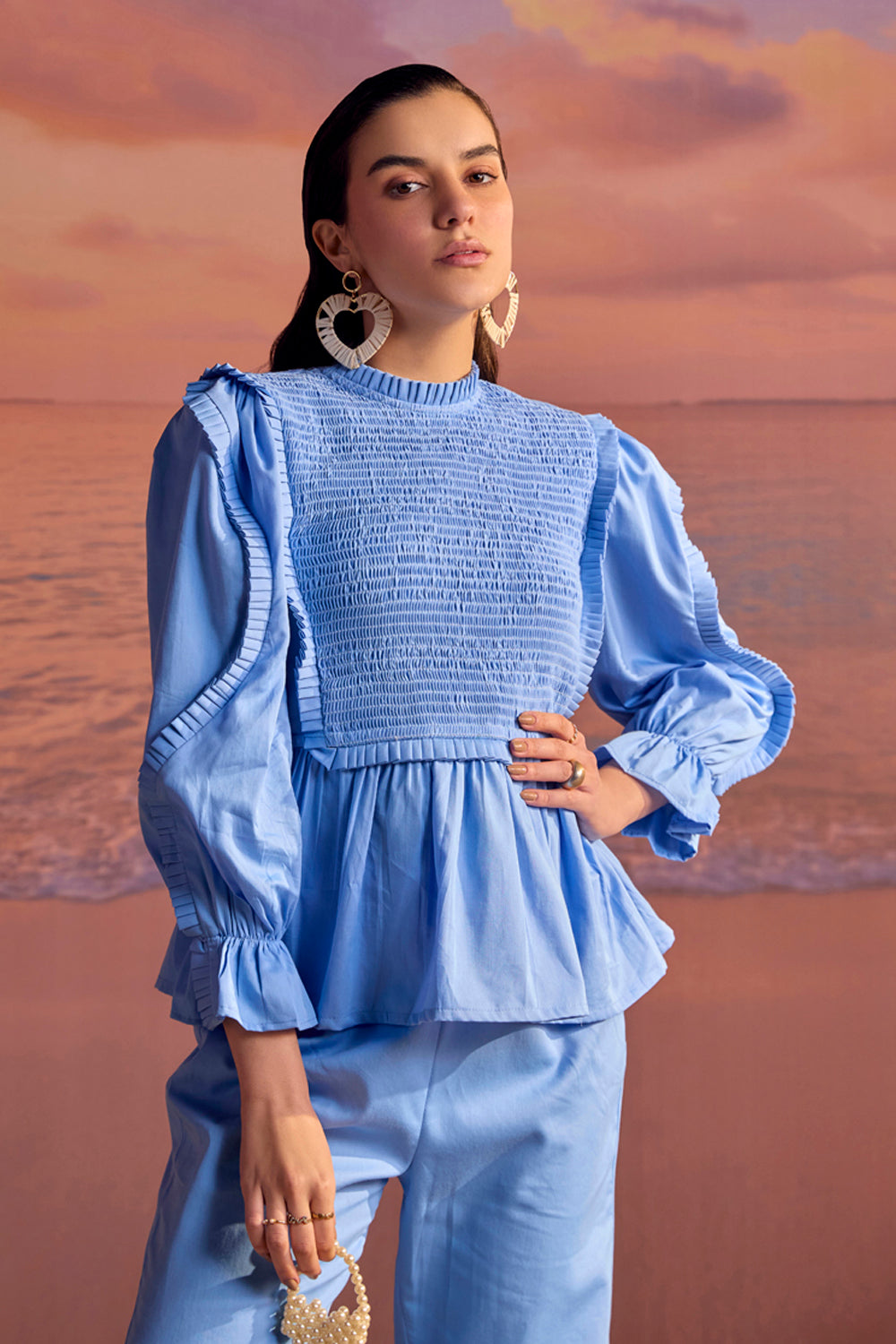 BOHO-CHIC - Coord Sets - Coord Sets - Cosmos Blue Coord Set - Cosmos Blue - Featuring a smocked yoke and pleated trims on the sleeves and yoke, this beautifully tailored coord set offers exquisite craftsmanship.