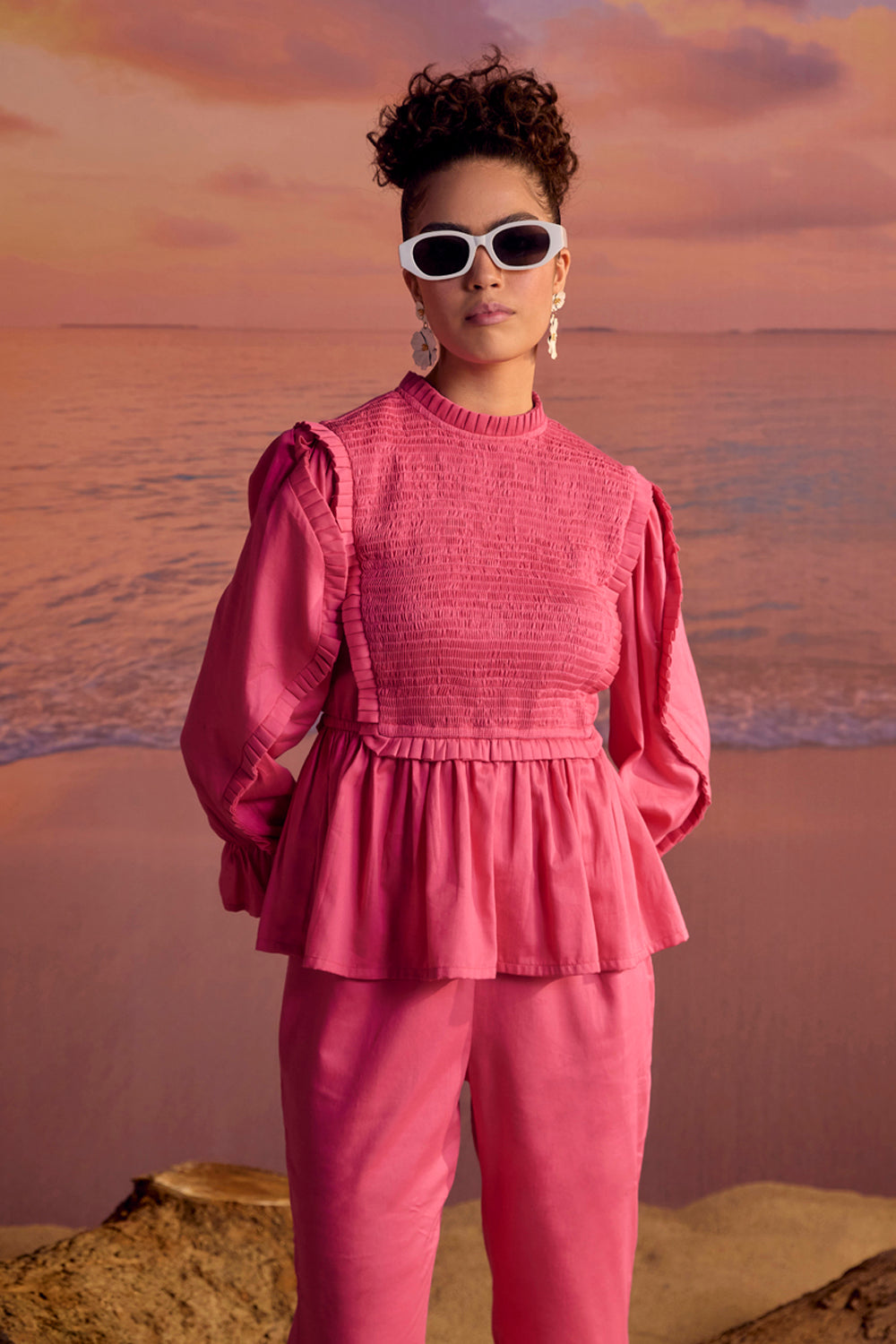 BOHO-CHIC - Coord Sets - Coord Sets - Cosmos Pink Coord Set - Cosmos Pink - Featuring a smocked yoke and pleated trims on the sleeves and yoke, this beautifully tailored coord set offers exquisite craftsmanship.