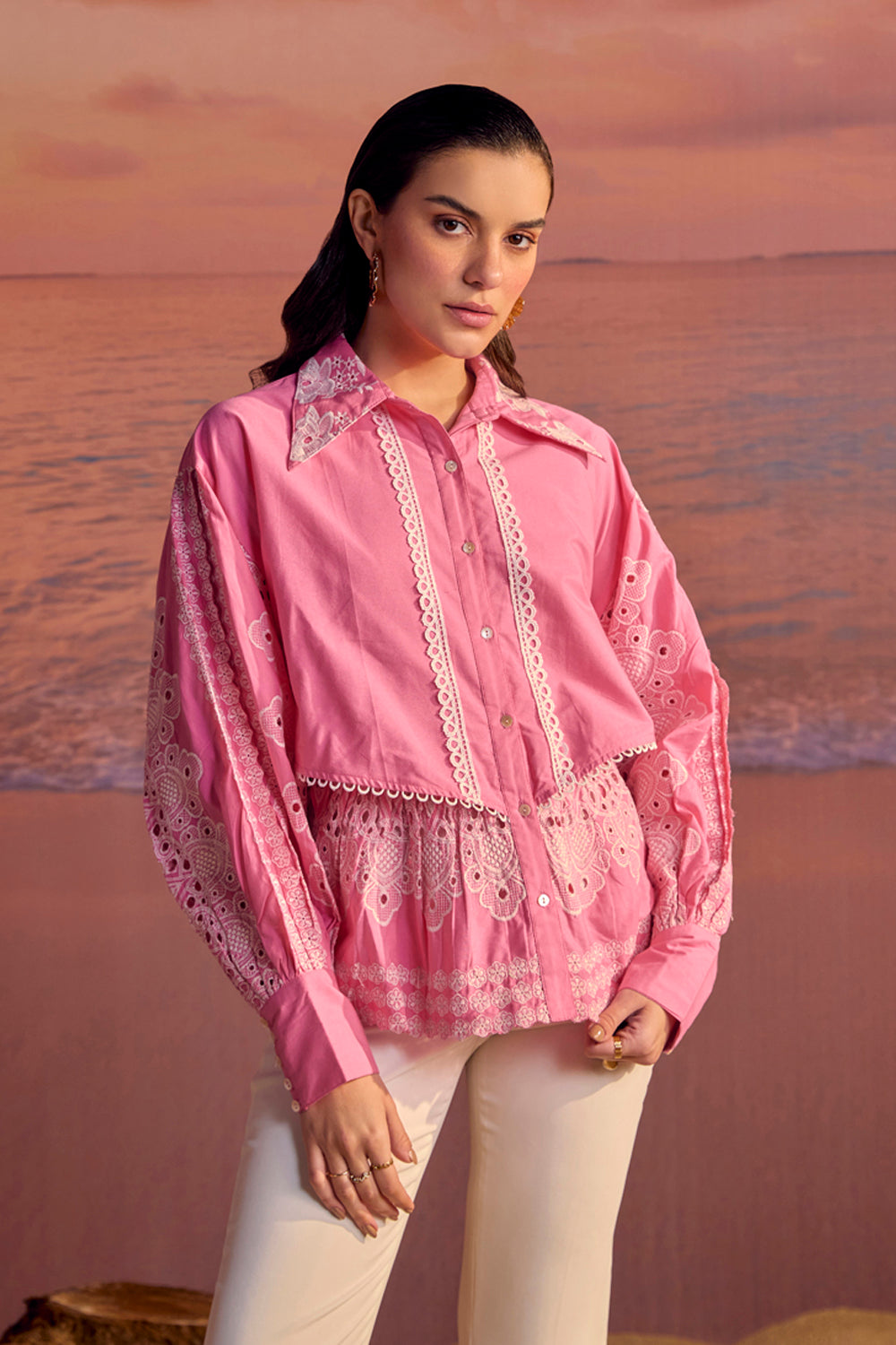 BOHO-CHIC - Shirts - Topwear - The Pink Cosmos Blouse - Beautifully crafted blouse with lace trims and broderie on the sleeves and bottom hem, offering an effortless fit and uber-classy style.