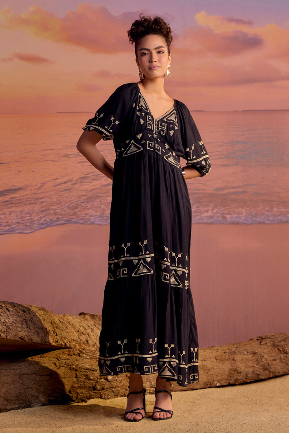 BOHO-CHIC - Dresses - Dresses & Jumpsuits - The Kalie Flowy Maxi Dress - Black/Cream - Embrace a laidback lifestyle with the Kalie flowy cross-stitch embroidered maxi dress, perfect for an evening dinner or a seaside holiday.