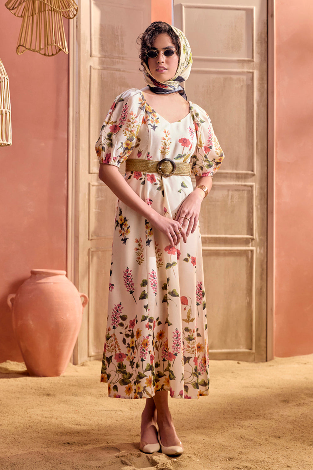 BOHO-CHIC - Dresses - Dresses & Jumpsuits - Dainty Floral Midi Dress - Printed - Sweetheart neckline, puff sleeves, effortless silhouette, vacation-friendly, and perfect for brunch or a sundowner.