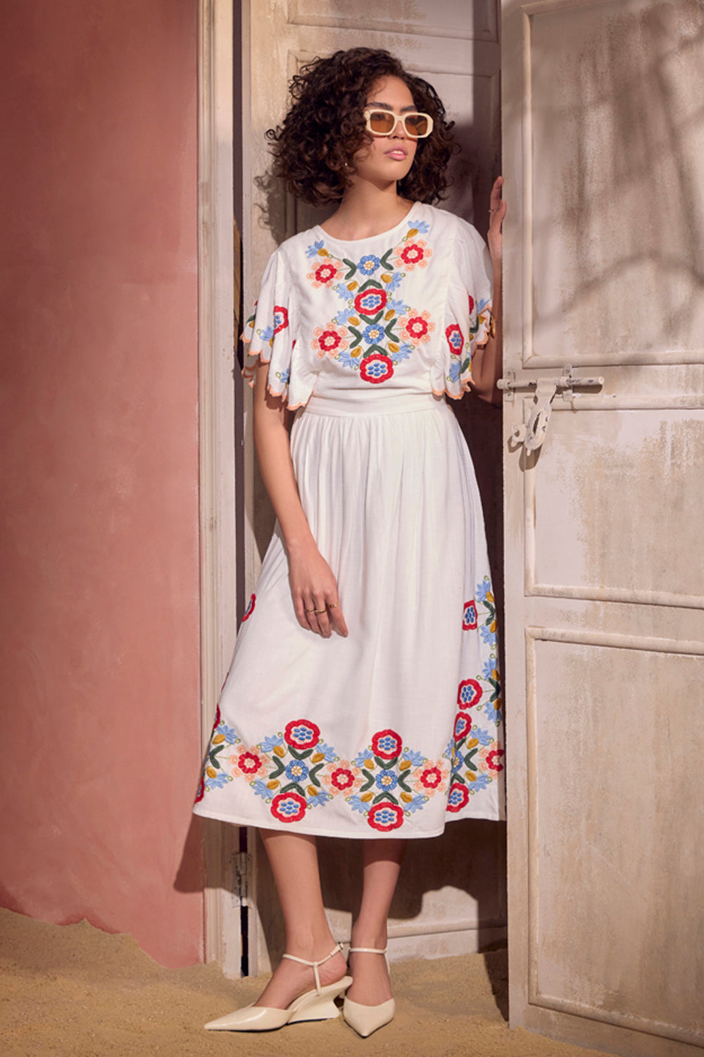 BOHO-CHIC - Dresses - Dresses & Jumpsuits - Capri Midi Dress - White - Effortless fit and uber-classy, the multi-colored embroidery and embroidered scallop detail make this garment extraordinary and the go-to silhouette for a brunch or a sundowner.