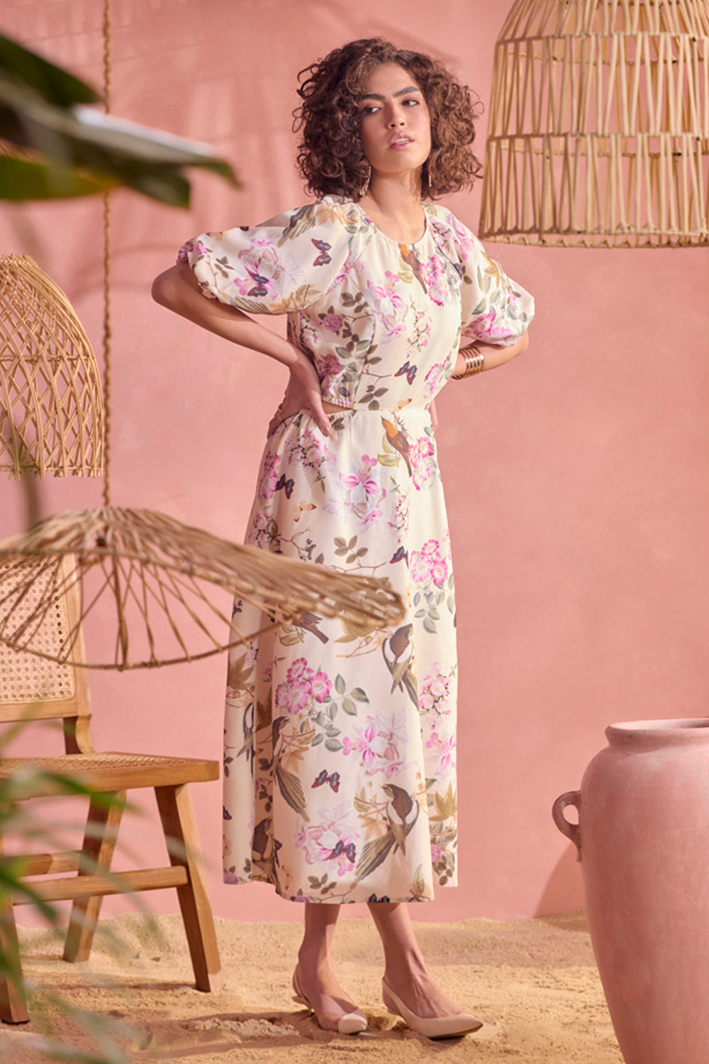 BOHO-CHIC - Dresses - Dresses & Jumpsuits - Dainty Spring Hues Midi Dress - Printed - Easy fit, feminine, and fashion-forward with puff sleeves, cutout detailing at the waistline, an open back, and an invisible zipper at the center back.