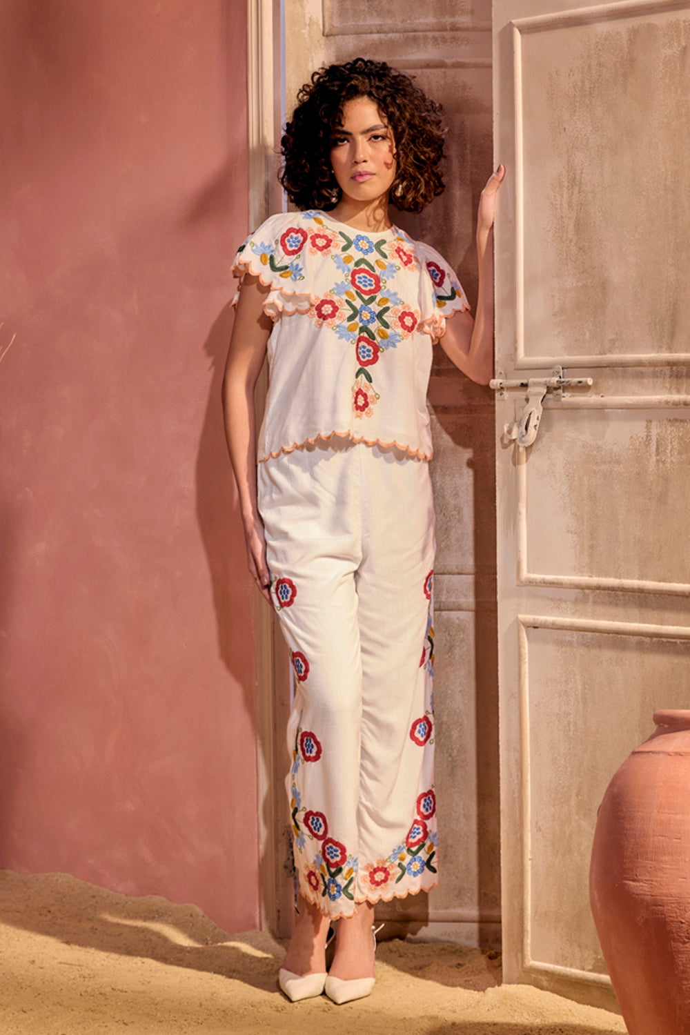 BOHO-CHIC - Coord Sets - Coord Sets - The Capri Coord Set - White - Effortless fit and uber-classy, the multi-colored embroidery and embroidered scallop detail make this garment extraordinary and the go-to silhouette for a brunch or a sundowner.