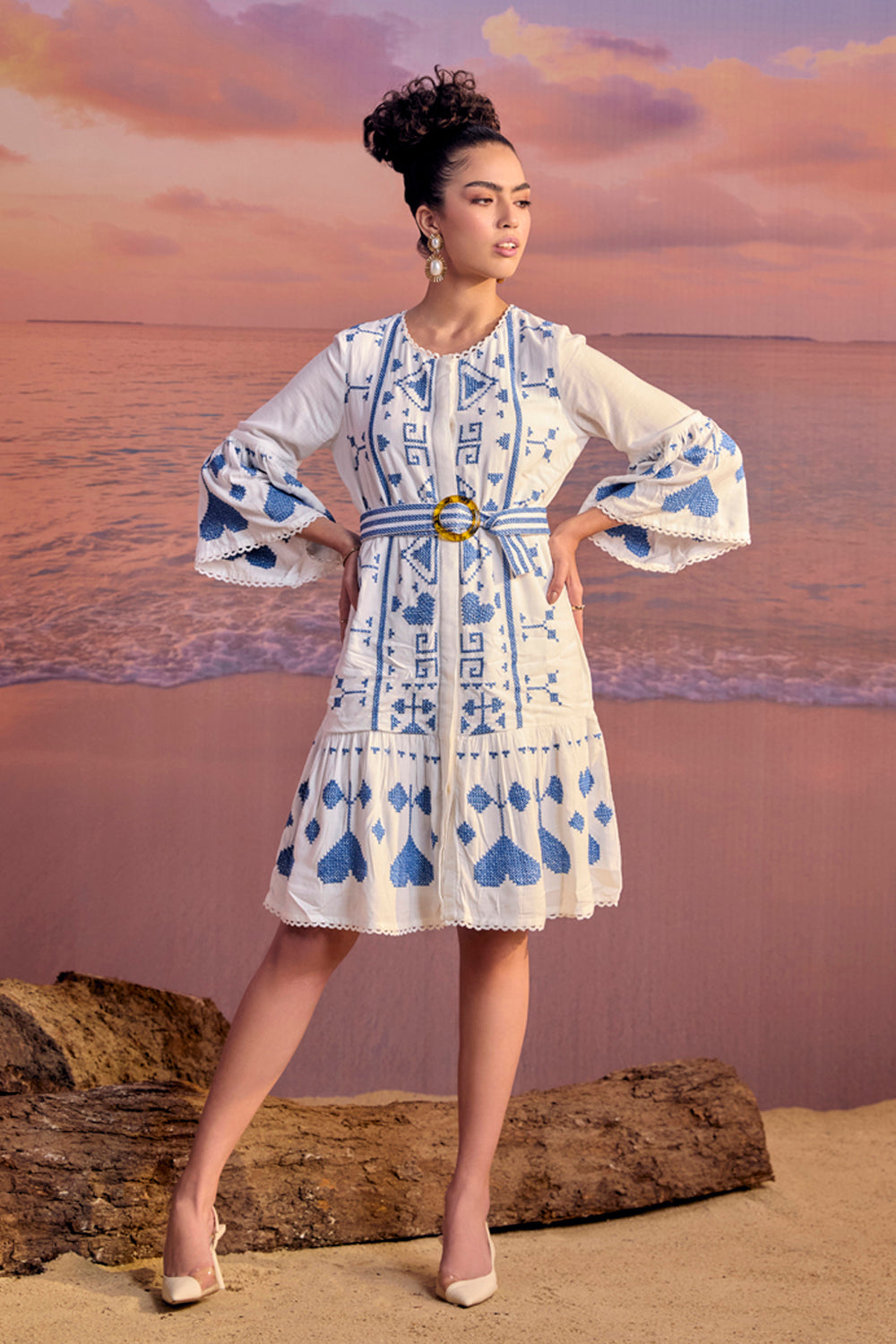 BOHO-CHIC - Dresses - Dresses & Jumpsuits - Cinque Terre Embroidered Dress - All Over Embroidery - Exquisite cross-stitch embroidered dress with bell sleeves, an embroidered belt, and fully embroidered front and back, boasting a flattering fit.