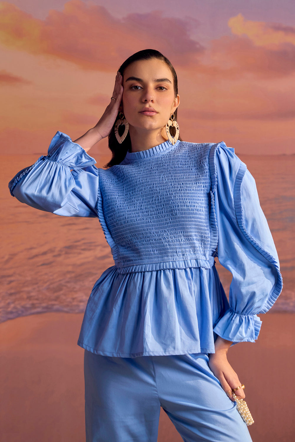 BOHO-CHIC - Coord Sets - Coord Sets - Cosmos Blue Coord Set - Cosmos Blue - Featuring a smocked yoke and pleated trims on the sleeves and yoke, this beautifully tailored coord set offers exquisite craftsmanship.