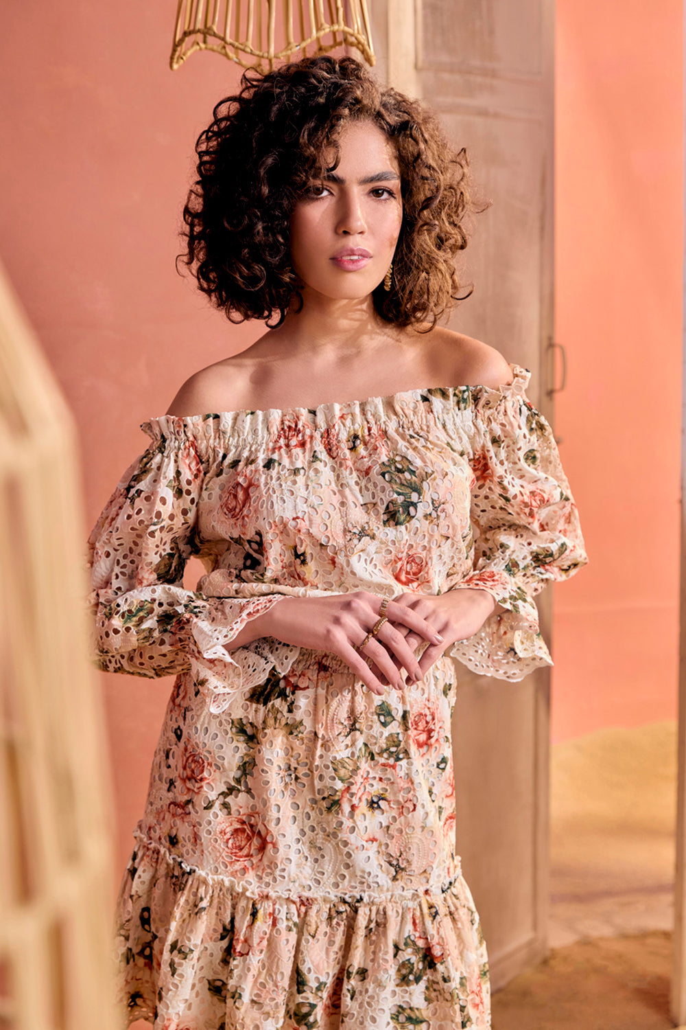 BOHO-CHIC - Dresses - Dresses & Jumpsuits - Summer Calling Roseatte Off Shoulder Dress - Printed - Crafted in a beautiful rose pastel hue with broderie, this off-the-shoulder dress features an elasticated waistline. It's a must-have for the perfect summer brunch or sundowner.