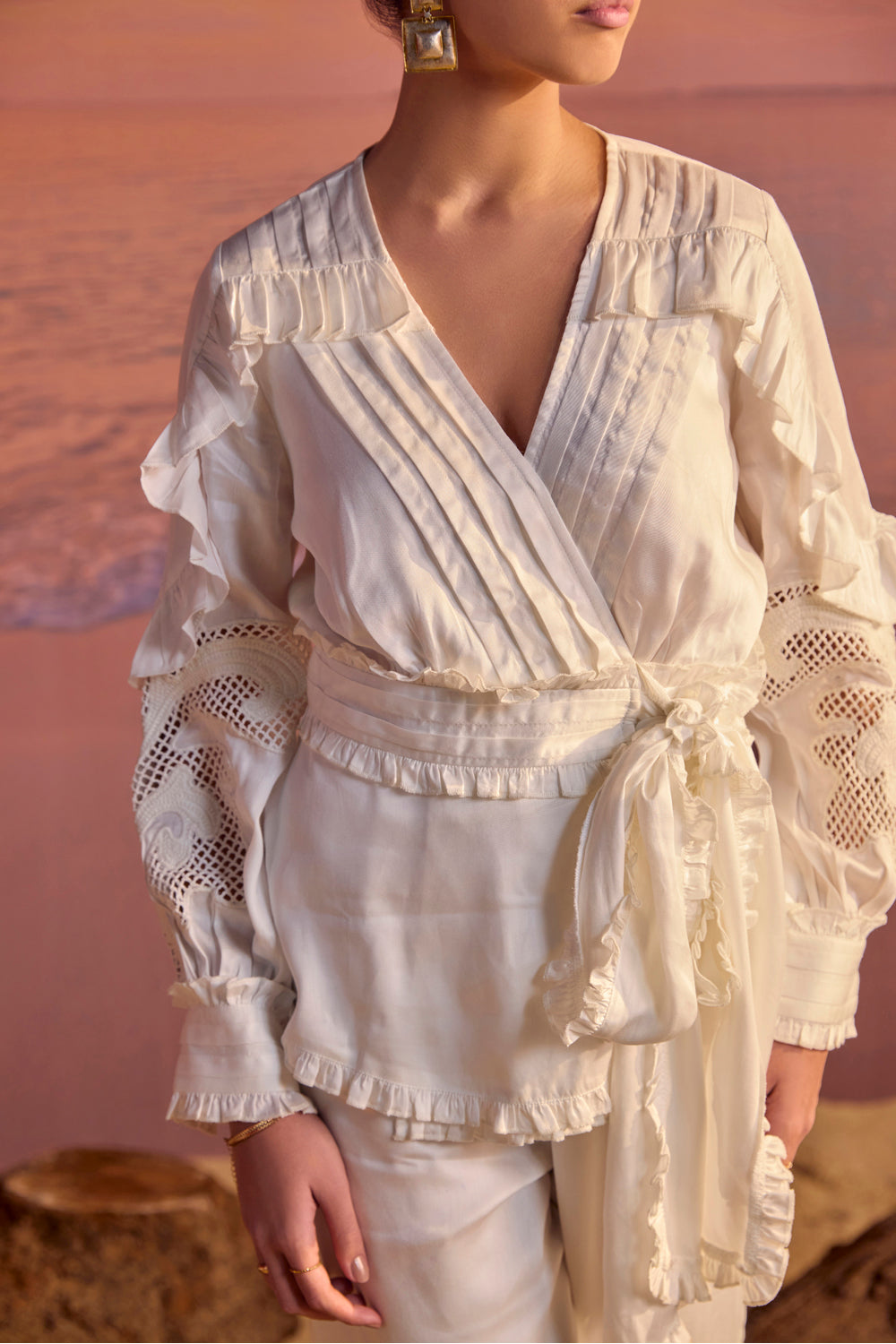 BOHO-CHIC - Coord Sets - Coord Sets - Cutwork Embroidered  Wrap Coord Set - White - Cutwork embroidered sleeved wrap blouse with ruffle detailing, cutwork embroidered at the bottom hem.