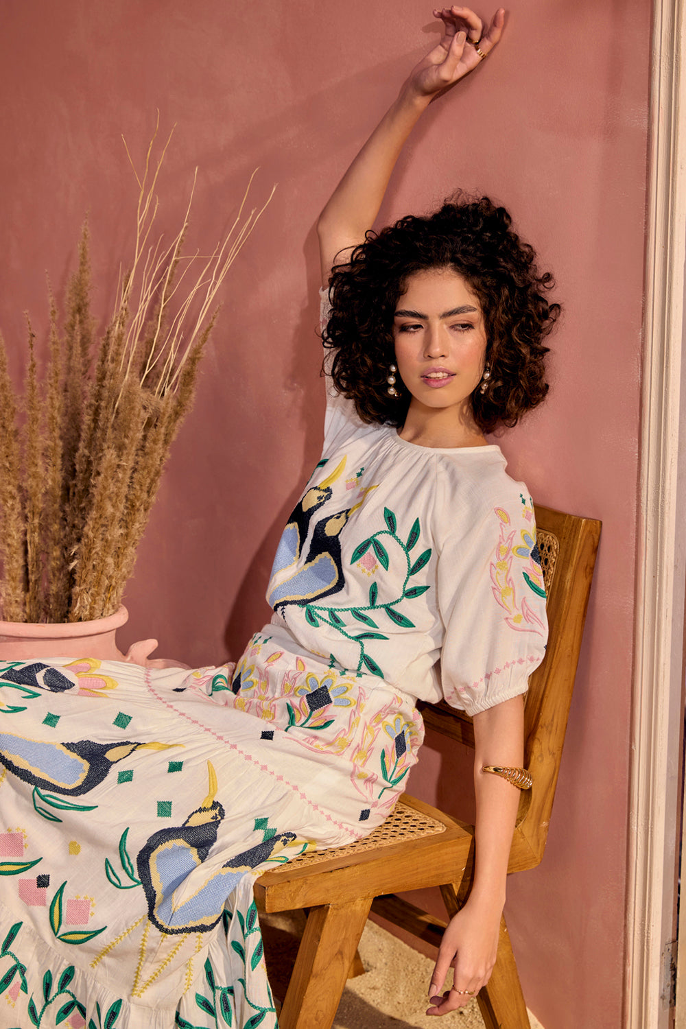 BOHO-CHIC - Coord Sets - Coord Sets - The Sienna Birdie Skirt Set - Pastel Embroidery - Feminine and cheerful creation for a free-spirited woman, featuring fashion-forward and vintage-inspired embroidery, making this blouse and skirt set an absolute favorite.