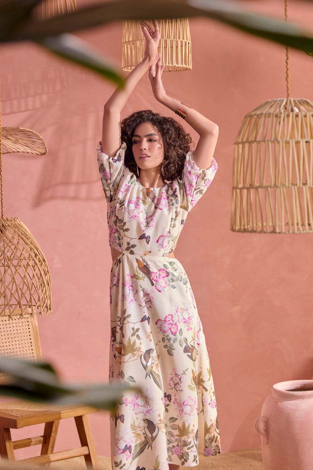 BOHO-CHIC - Dresses - Dresses & Jumpsuits - Dainty Spring Hues Midi Dress - Printed - Easy fit, feminine, and fashion-forward with puff sleeves, cutout detailing at the waistline, an open back, and an invisible zipper at the center back.