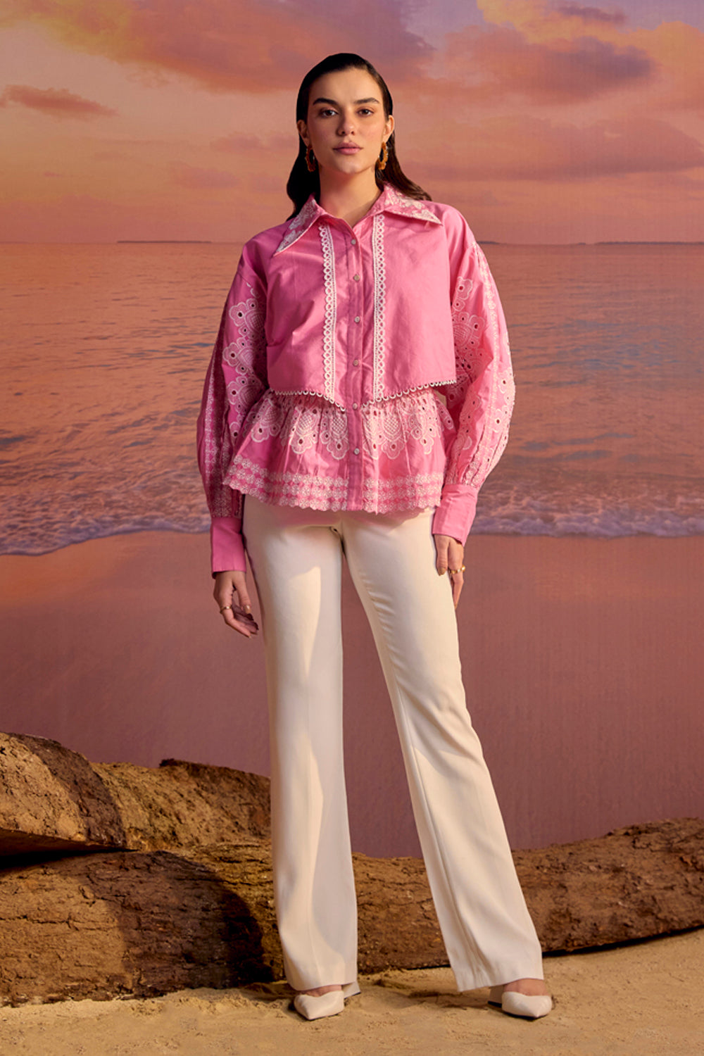 BOHO-CHIC - Shirts - Topwear - The Pink Cosmos Blouse - Beautifully crafted blouse with lace trims and broderie on the sleeves and bottom hem, offering an effortless fit and uber-classy style.