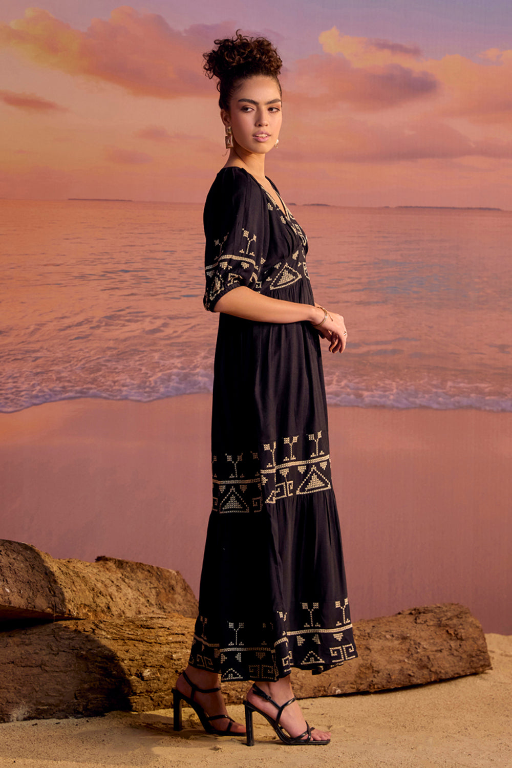 BOHO-CHIC - Dresses - Dresses & Jumpsuits - The Kalie Flowy Maxi Dress - Black/Cream - Embrace a laidback lifestyle with the Kalie flowy cross-stitch embroidered maxi dress, perfect for an evening dinner or a seaside holiday.