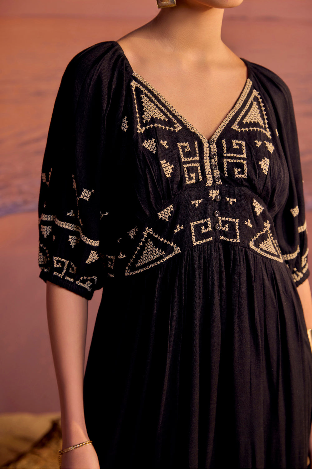 BOHO-CHIC - Dresses - Dresses & Jumpsuits - The Kalie Flowy Maxi Dress - Black/Cream - Embrace a laidback lifestyle with the Kalie flowy cross-stitch embroidered maxi dress, perfect for an evening dinner or a seaside holiday.