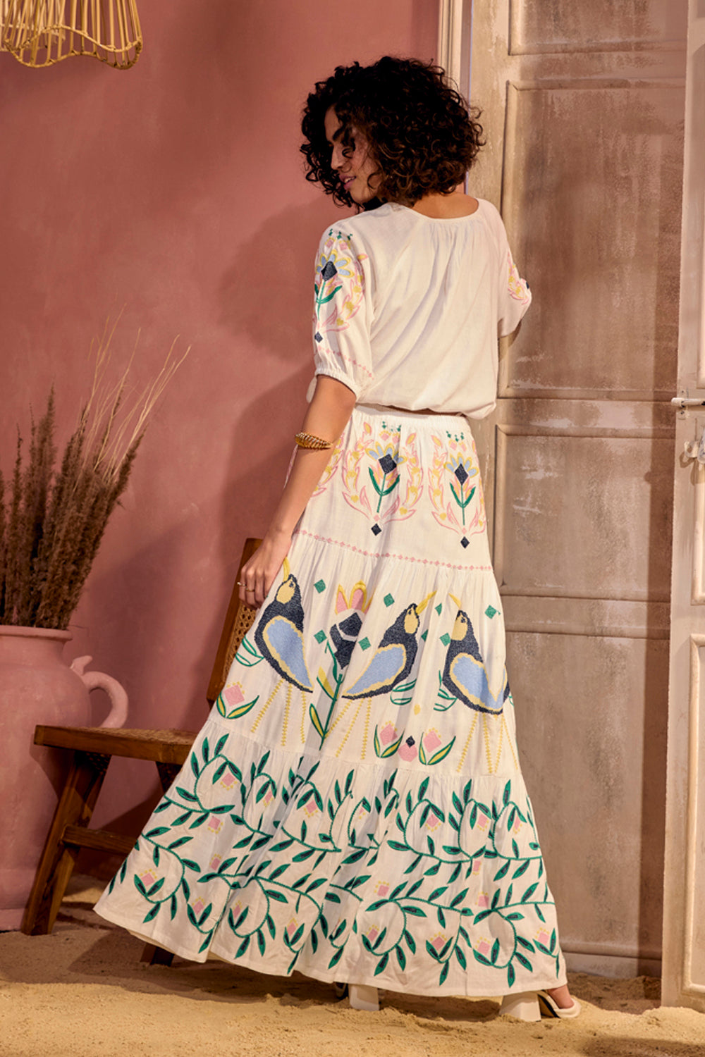 BOHO-CHIC - Coord Sets - Coord Sets - The Sienna Birdie Skirt Set - Pastel Embroidery - Feminine and cheerful creation for a free-spirited woman, featuring fashion-forward and vintage-inspired embroidery, making this blouse and skirt set an absolute favorite.