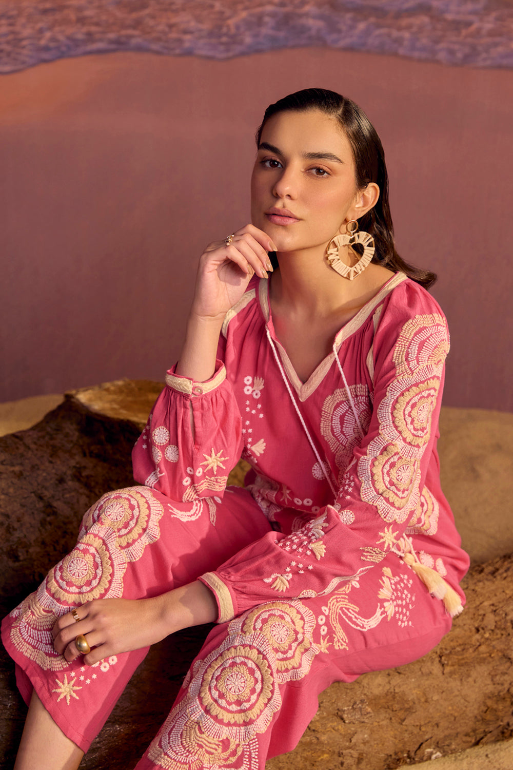 BOHO-CHIC - Coord Sets - Coord Sets - Provance Embroidered Coord Set - Cosmos Pink - Finely crafted all-over embroidery with lace trimmed details and tassels, featuring half-elasticated pants.