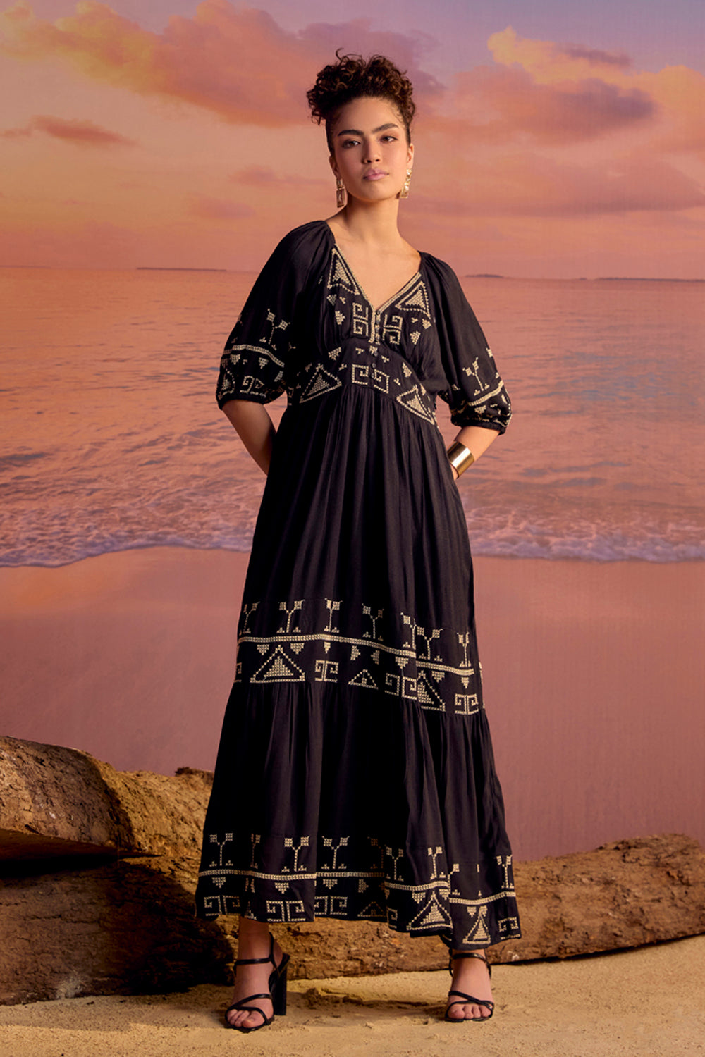 BOHO-CHIC - Dresses - Dresses & Jumpsuits - The Kalie Flowy Maxi Dress - Black/Cream - Embrace a laidback lifestyle with the Kalie flowy cross-stitch embroidered maxi dress, perfect for an evening dinner or a seaside holiday.