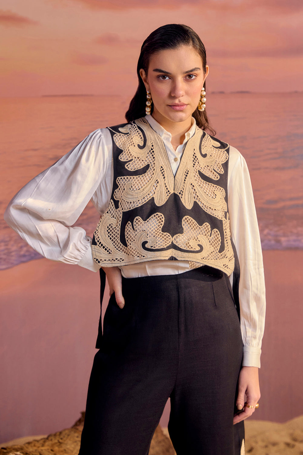 BOHO-CHIC - Coord Sets - Coord Sets - Monochrome Cutwork Embroidered Coord Set - Monochrome - Unique and exquisite cutwork embroidered coord set, fashion forward and exquisitely crafted with button-down shirt and cutwork embroidered pants, a 3-piece set.